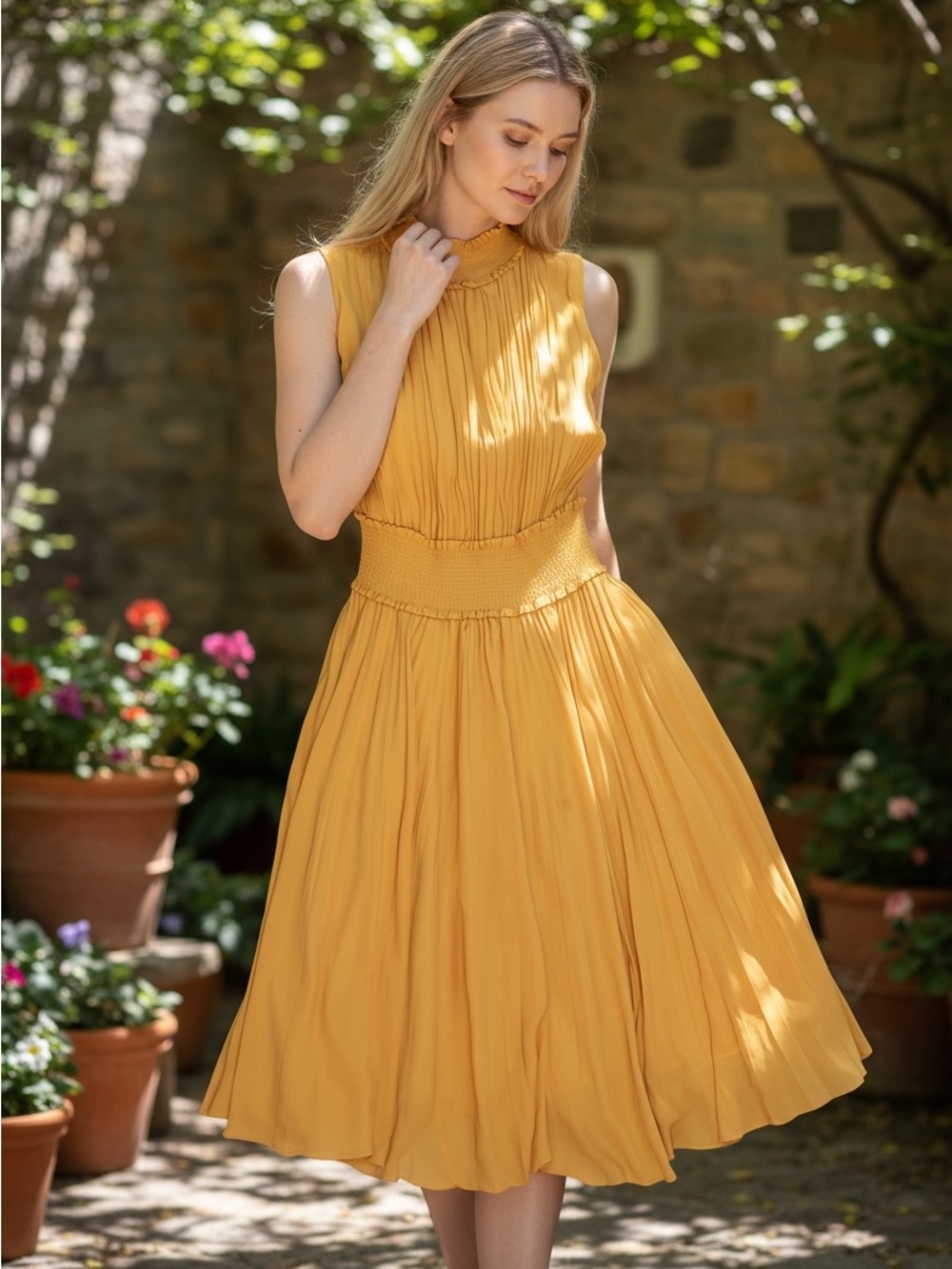 Sunshine Yellow Pleated Smocked Waist Midi Dress - Picture 4 of 4